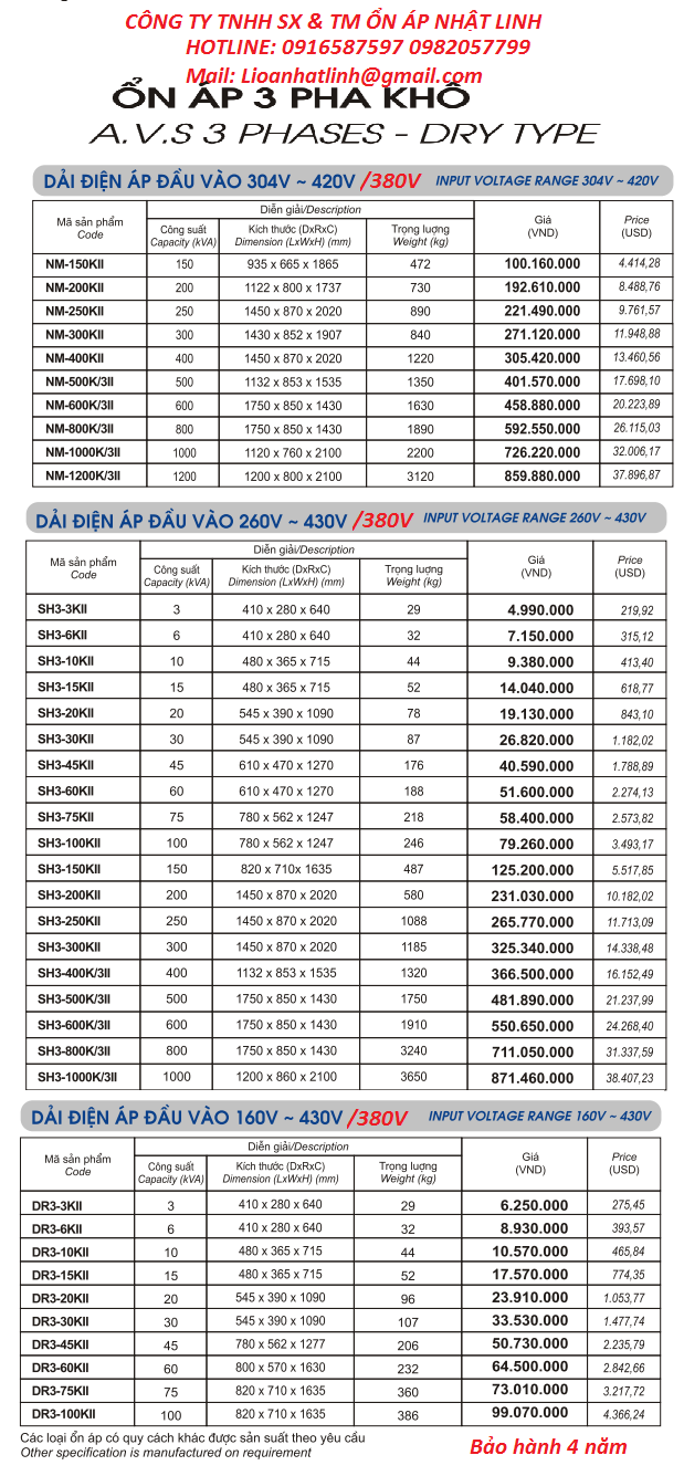 BANG BÁO GIÁ ỔN ÁP 3 PHA