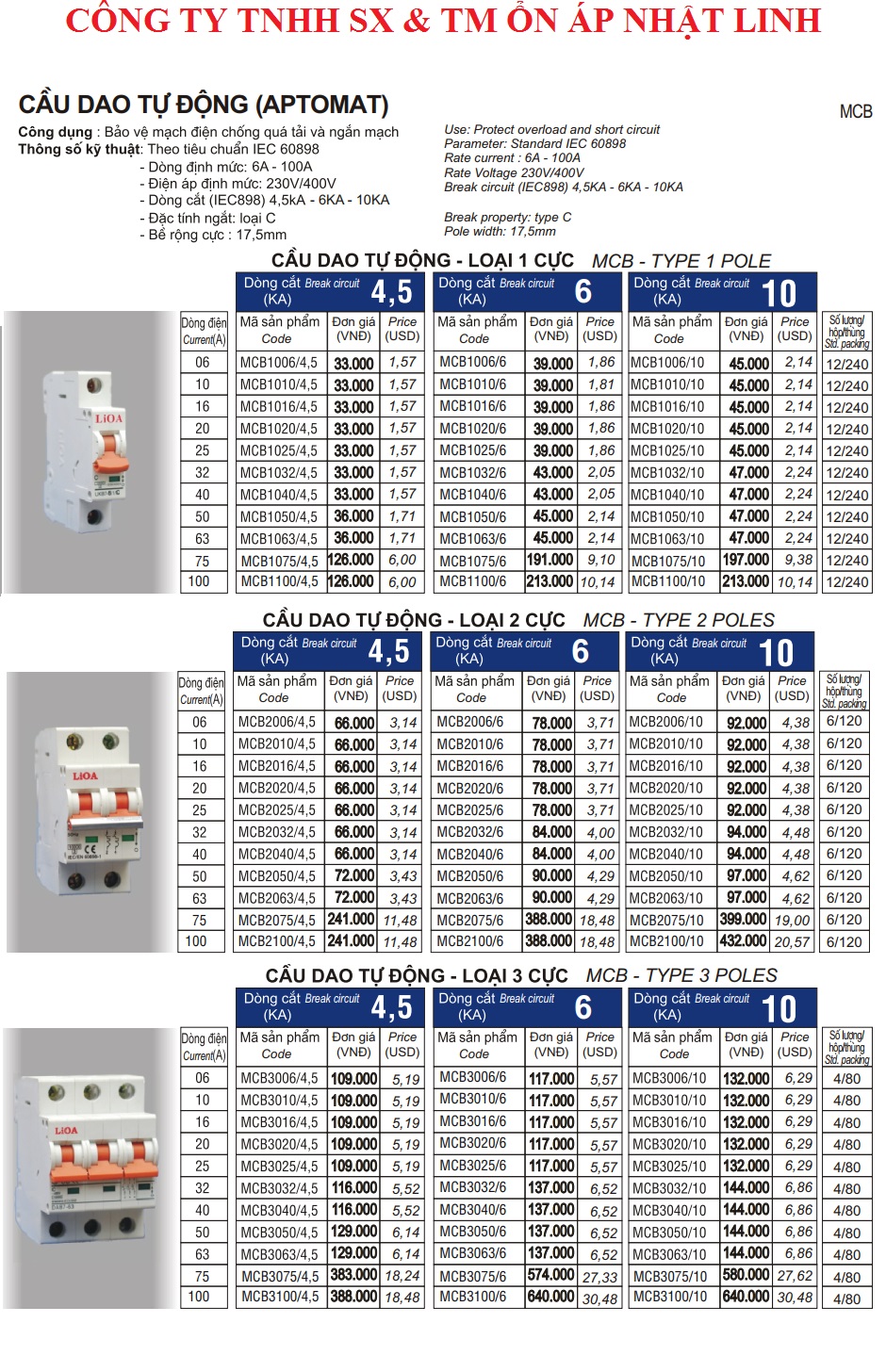 bảng báo giá attomat lioa 1 pha 3 pha