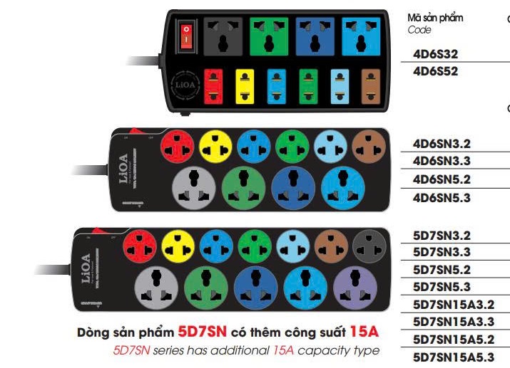 Mã sản phẩm: 4d6sn3.2, 4d6sn5.2, 4d6sn3.3, 4d6sn5.3, 5d7sn3.2, 5d7sn5.2; 5d7sn3.3; 5d7sn5.3, 5d7sn15a3.2, 5d7sn15a3.3;5d7sn15a5.2; 5d7sn15a5.3 các mã khác nhau loại 3m và 5m có tiếp địa và không có.